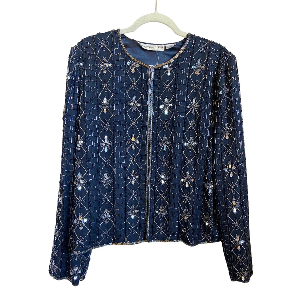 Scala Vintage Navy Blue Beaded Silk Jacket Sequin Evening Zip Up XL